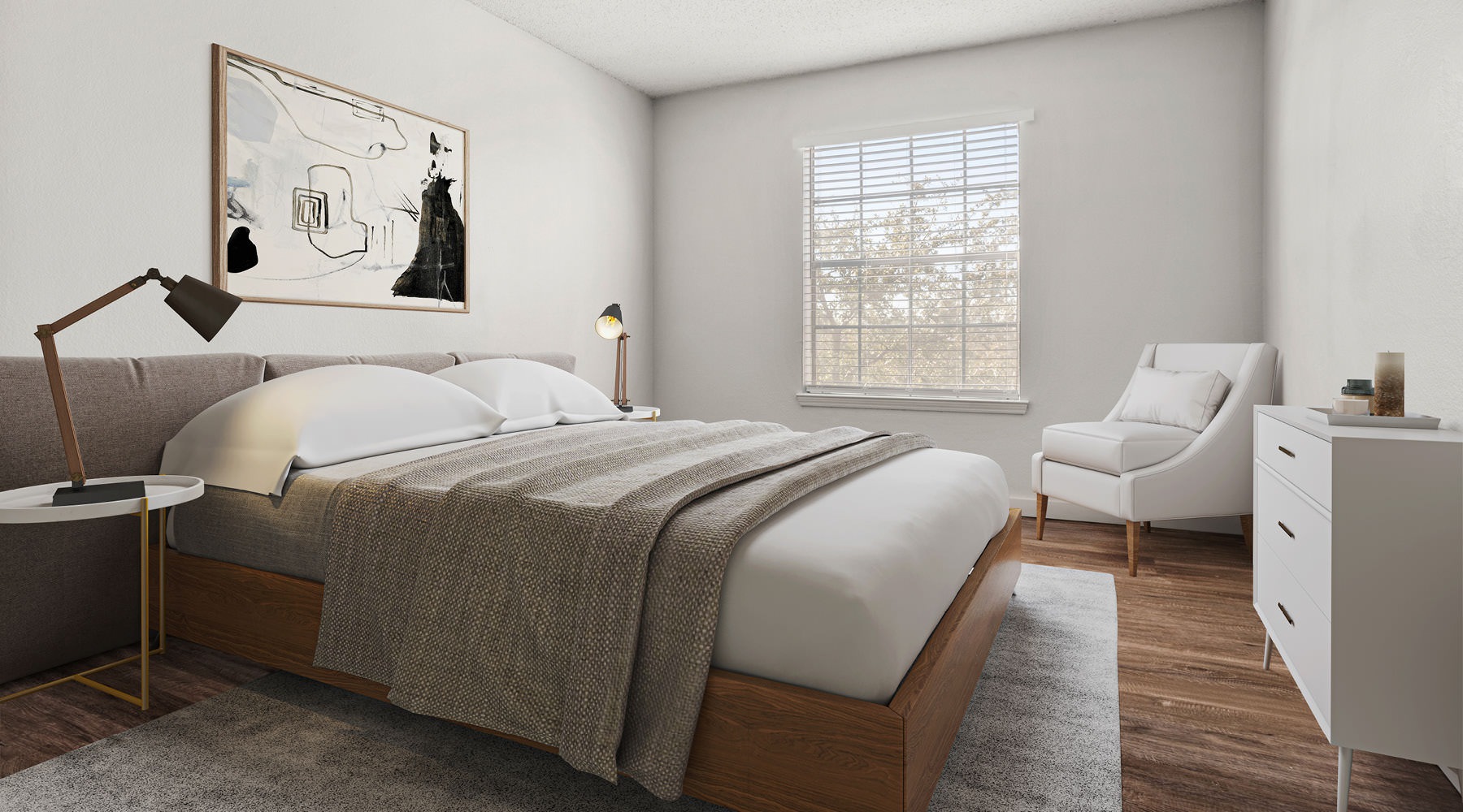 neutral styled bedroom with bed side tables with lamps and painting above bed frame