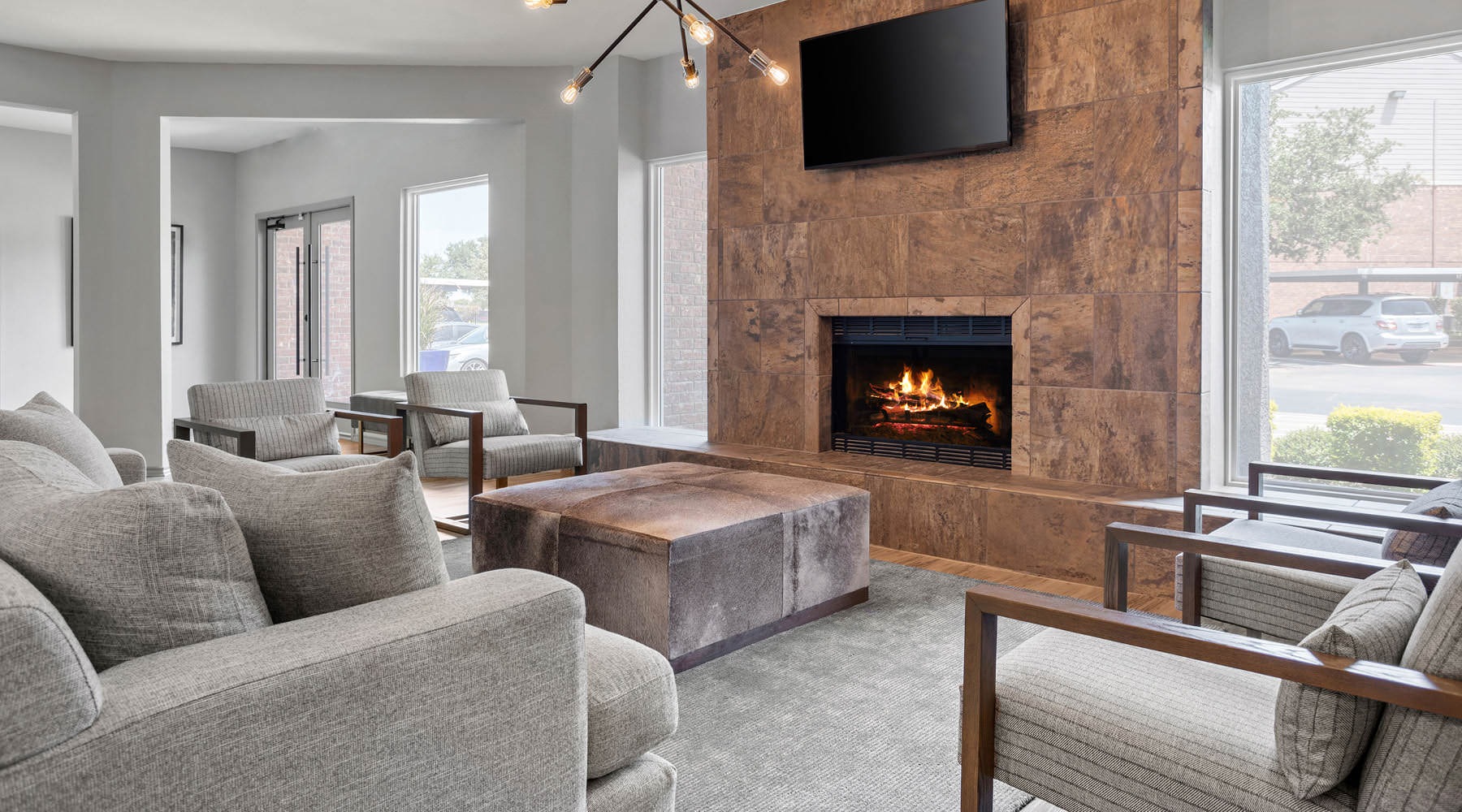 clubhouse seating area beside fireplace